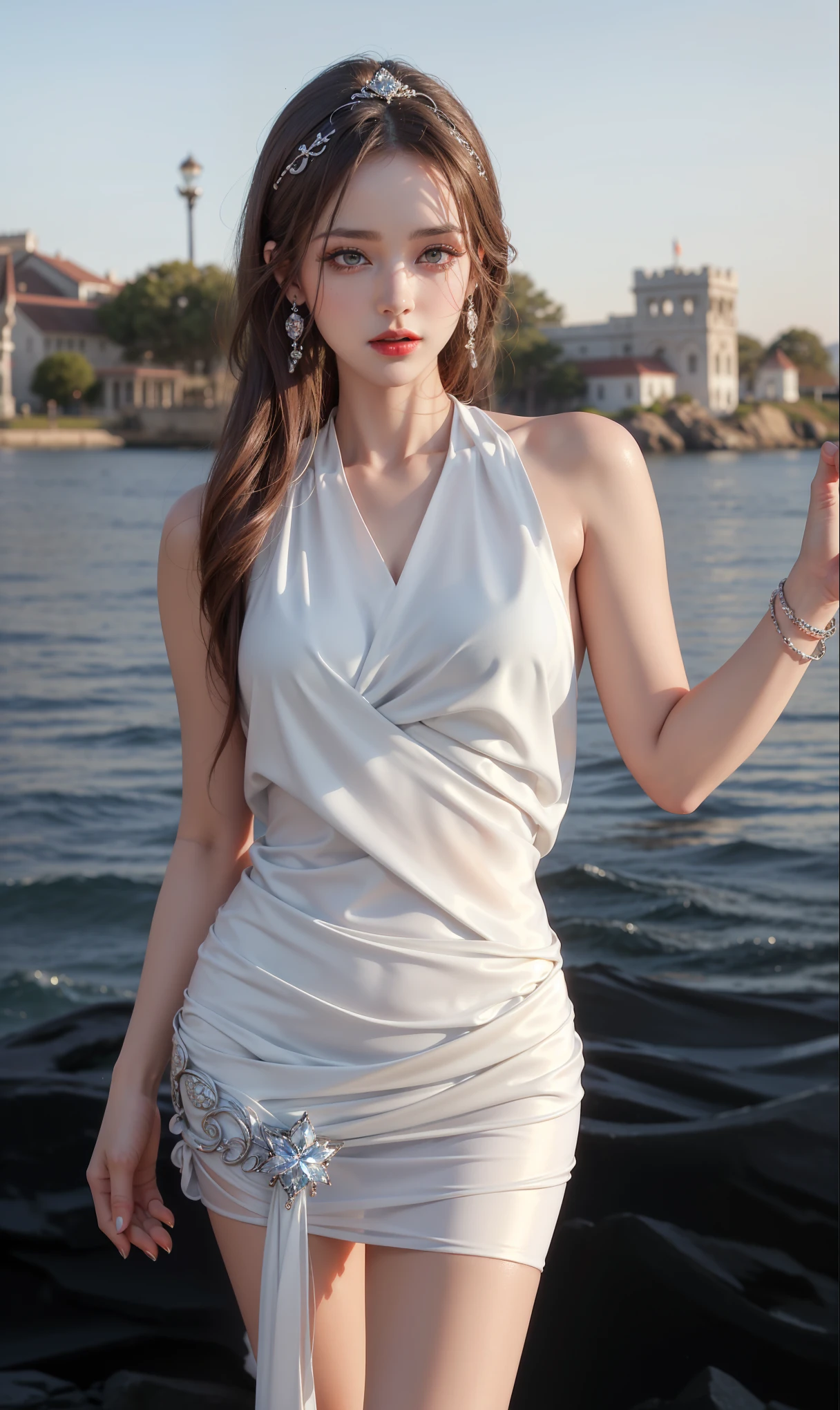 best quality,masterpiece,actual,1 girl,alone,black hair,bodysuit,Brown hair,ponytail,Permanently installed,oily skin,(Skin reflects and glows),skin covered in oil,Brown_Eye,My whole body is covered with water,White silk tights,