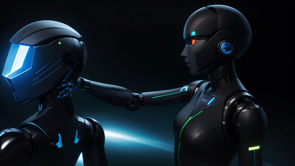 A sleek, humanoid robot working with humans, analyzing data, and implementing solutions.