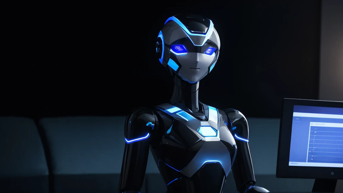 A sleek, humanoid robot working with humans, analyzing data, and implementing solutions.