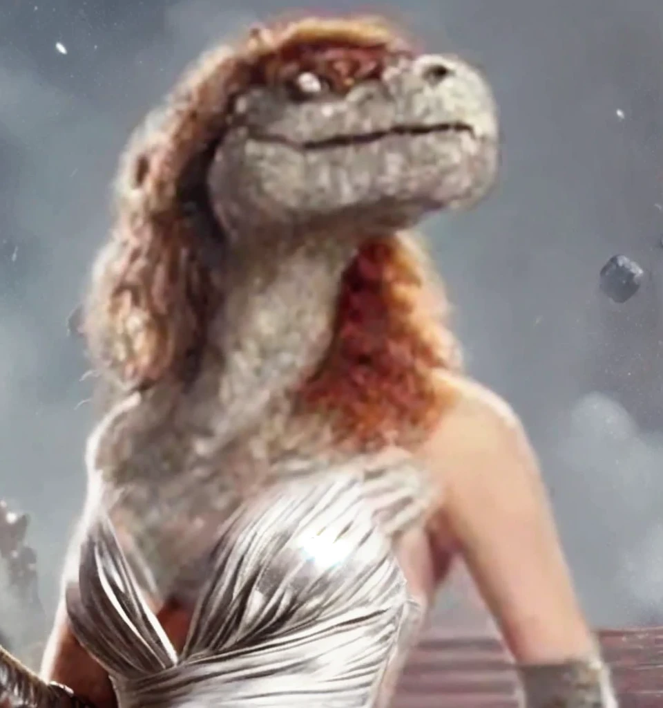 top half of elegantly dressed female dinosaur with scales for arms, chest and head