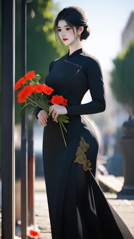 a beautiful girl in vintage colors aodai , masterpiece, best quality, realistic:1.3, street, holding bundle of flowers, red+black dress, sunlight, backlighting, artstation, intricate details, vignettThe owner of an attractive body outline and high hips3d 4k