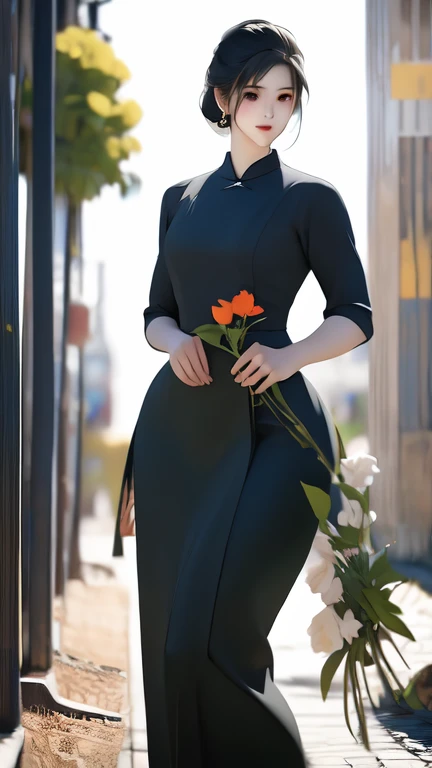 a beautiful girl in vintage colors aodai , masterpiece, best quality, realistic:1.3, street, holding bundle of flowers, red+black dress, sunlight, backlighting, artstation, intricate details, vignettThe owner of an attractive body outline and high hips3d 4k