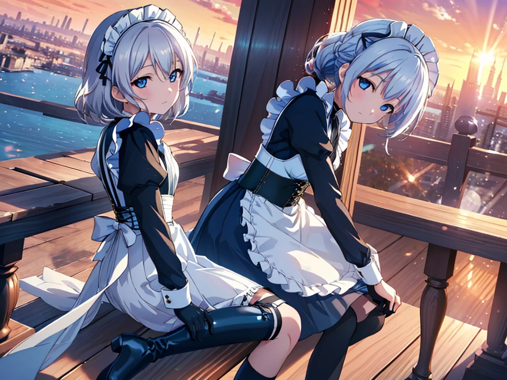 Dengeki Bunko, Woman Looking Back, Perfect Human Medicine, {{{{{Maid clothes}}}}},Small Tits,anime, Two legs, Cool,{{{{{50 year old woman}}}}} ,{{{{{a person is depicted}}}}},(Official Art、{{{{{Upper Bodyアングル}}}}},Highest quality、Unity 8k wallpaper、32k、masterpiece、Ultra-detailed、Ultra-high resolution, Realistic、Grab your hair with your hands, Photorealistic:1.2)、(Cinema Lighting:1.2)、,Fire Glow Effect、The most grainy shadows on the film、Rim Light、Side light、Side Shot、(Ultra-detailedで複雑な3Dレンダリング)、Very short hair, Short wolf hair,細部までBeautiful Faceと目、Sharp pupils、Realistic生徒、Slender、white maid hat, Highly detailed background、Beautiful Face、Beautiful 16 year old girl、(Ultra-detailedなスキン、Detailed skin texture:1.Silver Hair:1.3)、Blunt bangs、blue eyes、{{{{{黒いMaid clothes}}}}}、White apron costume、Black knee socks、(Thighs Thighs Thighs Thighs:0.8)、Black Bhutanese sticks and a beautiful sunset、Medieval castle、Dancing on the Tower Roof、(avert your eyes、Overlooking the city:1.3)、Fantastic、Close your mouth and bite, Makes your face smaller, (Tabletop), Highest quality, Perfect Face, 1 Girl, alone, Eye color is light blue, Hair between the eyes, Very Short Hair, blue eyes, Silver Hair, Knee-high boots, corset,Black gloves, Long sleeve, Upper Body,