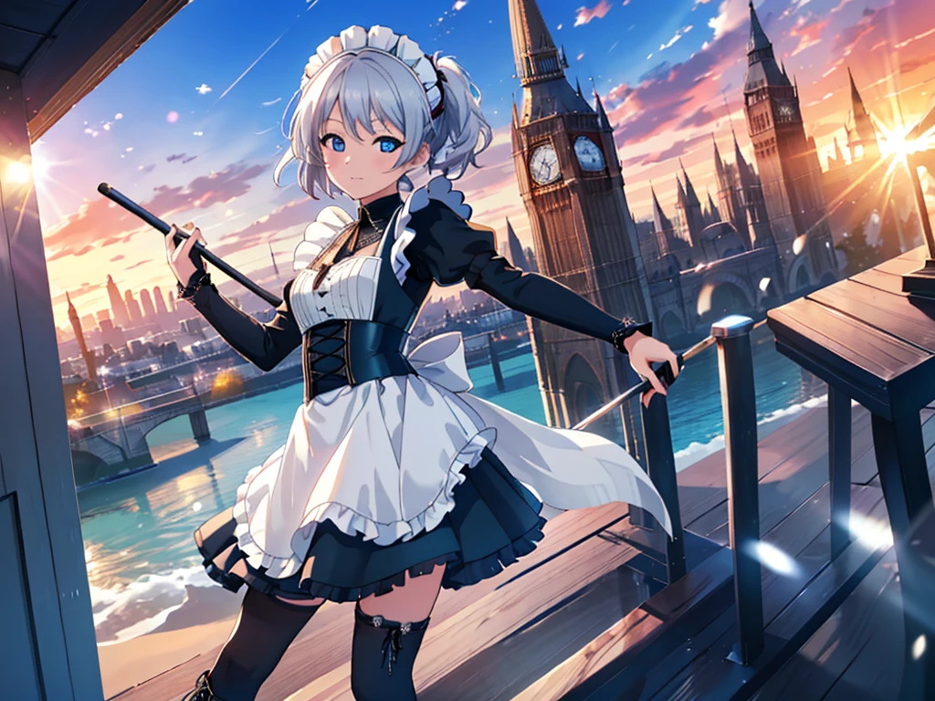 Dengeki Bunko, Woman Looking Back, Perfect Human Medicine, {{{{{Maid clothes}}}}},Small Tits,anime, Two legs, Cool,{{{{{50 year old woman}}}}} ,{{{{{a person is depicted}}}}},(Official Art、{{{{{Upper Bodyアングル}}}}},Highest quality、Unity 8k wallpaper、32k、masterpiece、Ultra-detailed、Ultra-high resolution, Realistic、Grab your hair with your hands, Photorealistic:1.2)、(Cinema Lighting:1.2)、,Fire Glow Effect、The most grainy shadows on the film、Rim Light、Side light、Side Shot、(Ultra-detailedで複雑な3Dレンダリング)、Very short hair, Short wolf hair,細部までBeautiful Faceと目、Sharp pupils、Realistic生徒、Slender、white maid hat, Highly detailed background、Beautiful Face、Beautiful 16 year old girl、(Ultra-detailedなスキン、Detailed skin texture:1.Silver Hair:1.3)、Blunt bangs、blue eyes、{{{{{黒いMaid clothes}}}}}、White apron costume、Black knee socks、(Thighs Thighs Thighs Thighs:0.8)、Black Bhutanese sticks and a beautiful sunset、Medieval castle、Dancing on the Tower Roof、(avert your eyes、Overlooking the city:1.3)、Fantastic、Close your mouth and bite, Makes your face smaller, (Tabletop), Highest quality, Perfect Face, 1 Girl, alone, Eye color is light blue, Hair between the eyes, Very Short Hair, blue eyes, Silver Hair, Knee-high boots, corset,Black gloves, Long sleeve, Upper Body,