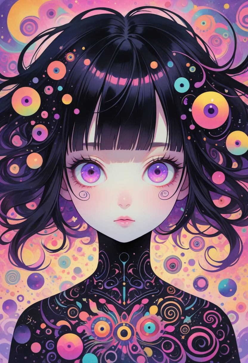 Surreal digital illustration of a wide-eyed girl with long black hair and bangs, pale skin, and vibrant purple eyes. Psychedelic background with multiple floating eyes and swirling pastel colors in pink, purple, and light yellow. Dreamlike atmosphere with small stars and symbols scattered throughout. Soft, ethereal art style with a mix of sharp black lines and flowing watercolor-like effects. Strong contrast between the dark figure and the colorful, mystical background. Inspired by pop surrealism and lowbrow art movements. High detail in the eyes and facial features. Square composition, trending on ArtStation.