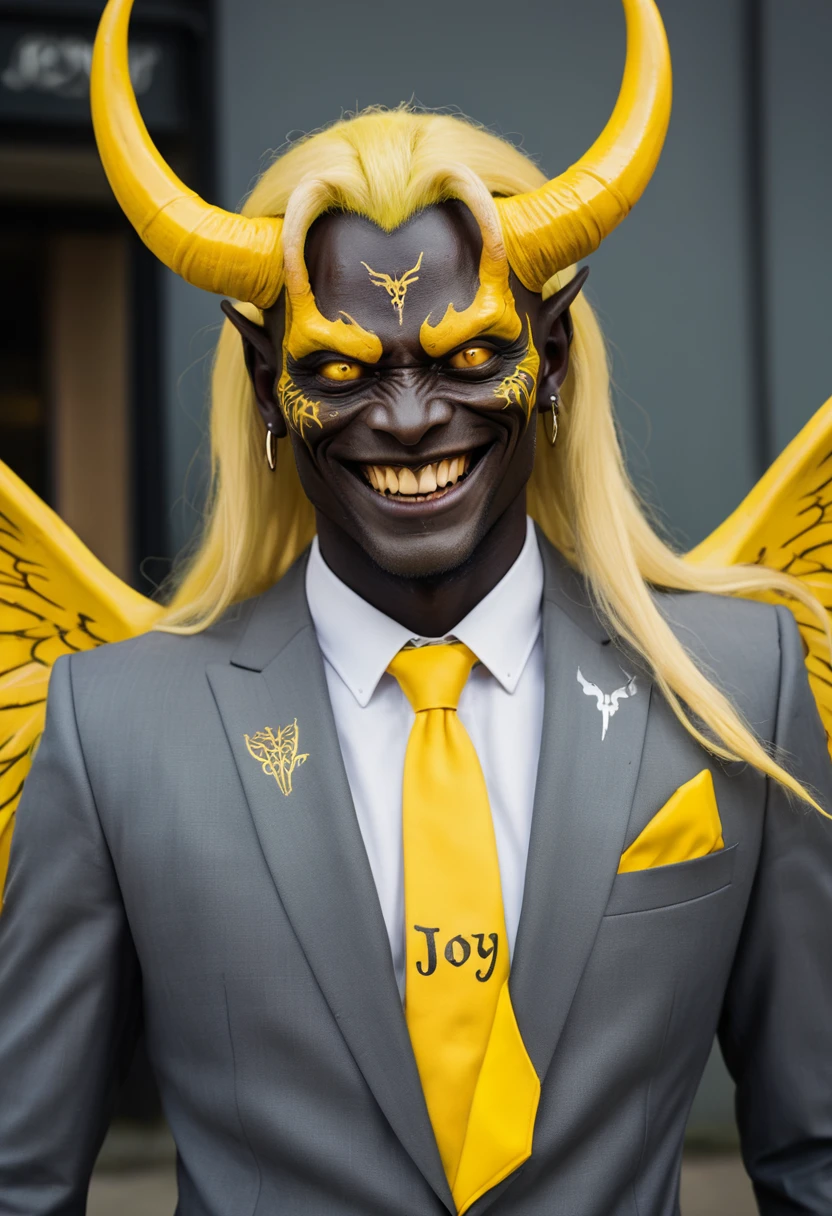 Humanoid monster with dark skin. He has horns on his forehead and his eyes are yellow and shiny. He has long yellow hair. He has a sadistic and cruel smile. On his forehead the word "Joy" is tattooed. He has two large wings on his back. He’s wearing a fancy suit with a tie. [Humanoid monster] [Yellow eyes] [Sadistic smile] [Yellow hair] [Fancy suit] [Wings]