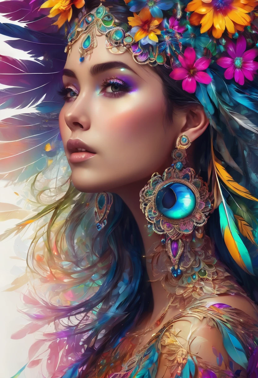 (masterpiece, top quality, best quality, official art, beautiful and aesthetic)(1girl)fractal art, colorful, flowers, zentangle, full body, abstract background, shiny skin, many colors, earrings, feathers,