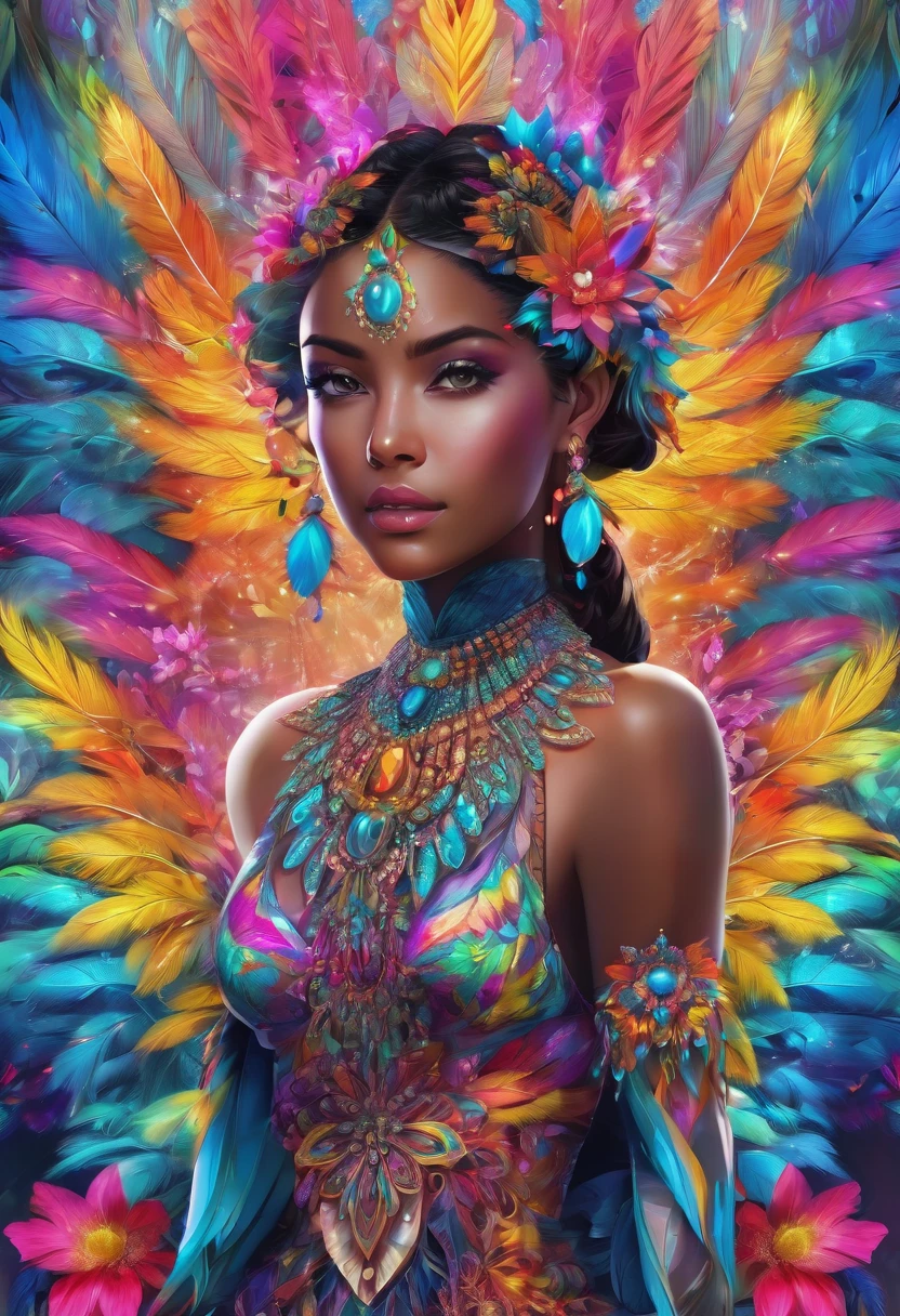 (masterpiece, top quality, best quality, official art, beautiful and aesthetic)(1girl)fractal art, colorful, flowers, zentangle, full body, abstract background, shiny skin, many colors, earrings, feathers,