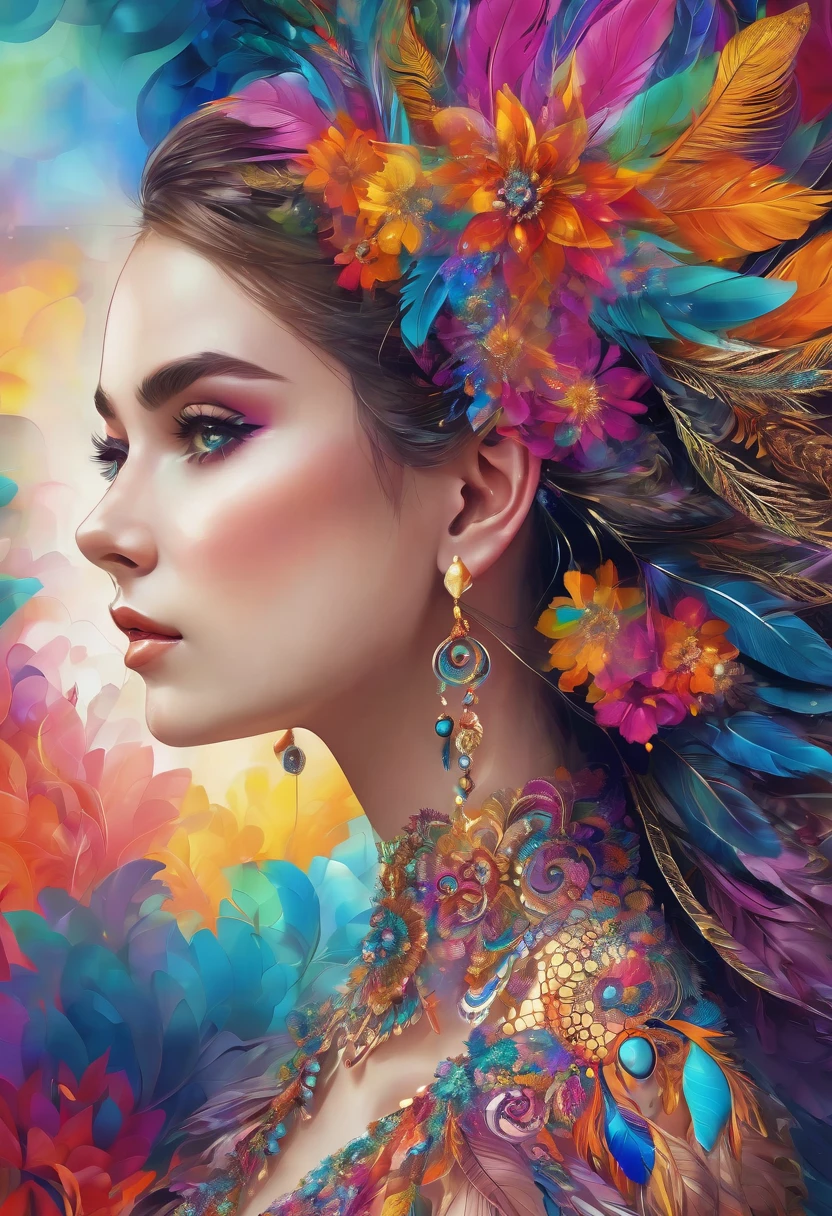 (masterpiece, top quality, best quality, official art, beautiful and aesthetic)(1girl)fractal art, colorful, flowers, zentangle, full body, abstract background, shiny skin, many colors, earrings, feathers,