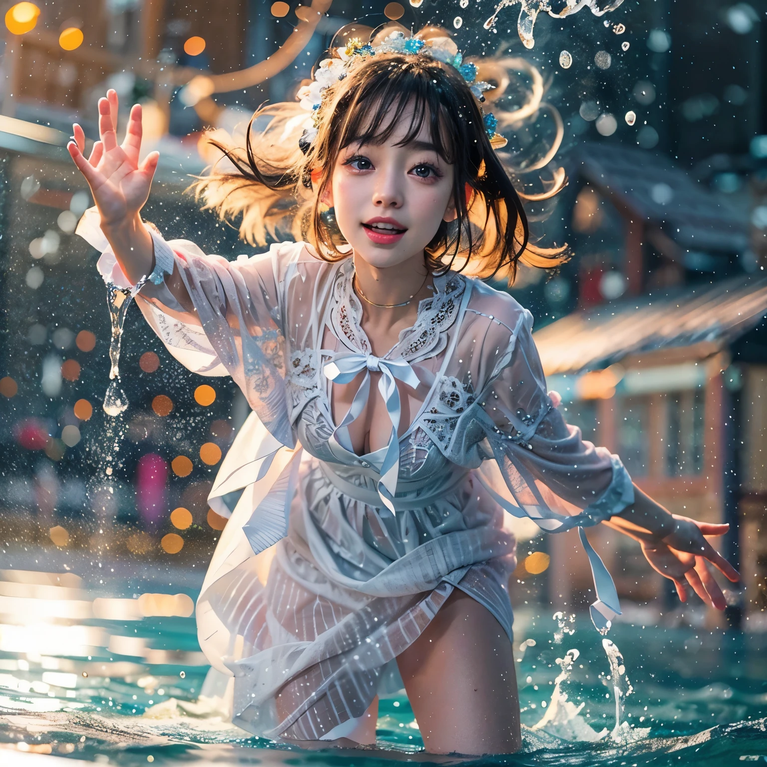 (8K TopQuality masterpiece: 1.2)(Realistic ProfessionalPhoto:1.37), VolumetricLighting. Tiny Girls, girl jumping into the water、Falling、splash water、shout、Luminous water surface、White and Bright colors, back lighting, Radiant PearlSkin, sparkling highlights, Detailed KAWAII face with cute lips, long eyelashes, Delicate clothes, Detailed open crotch