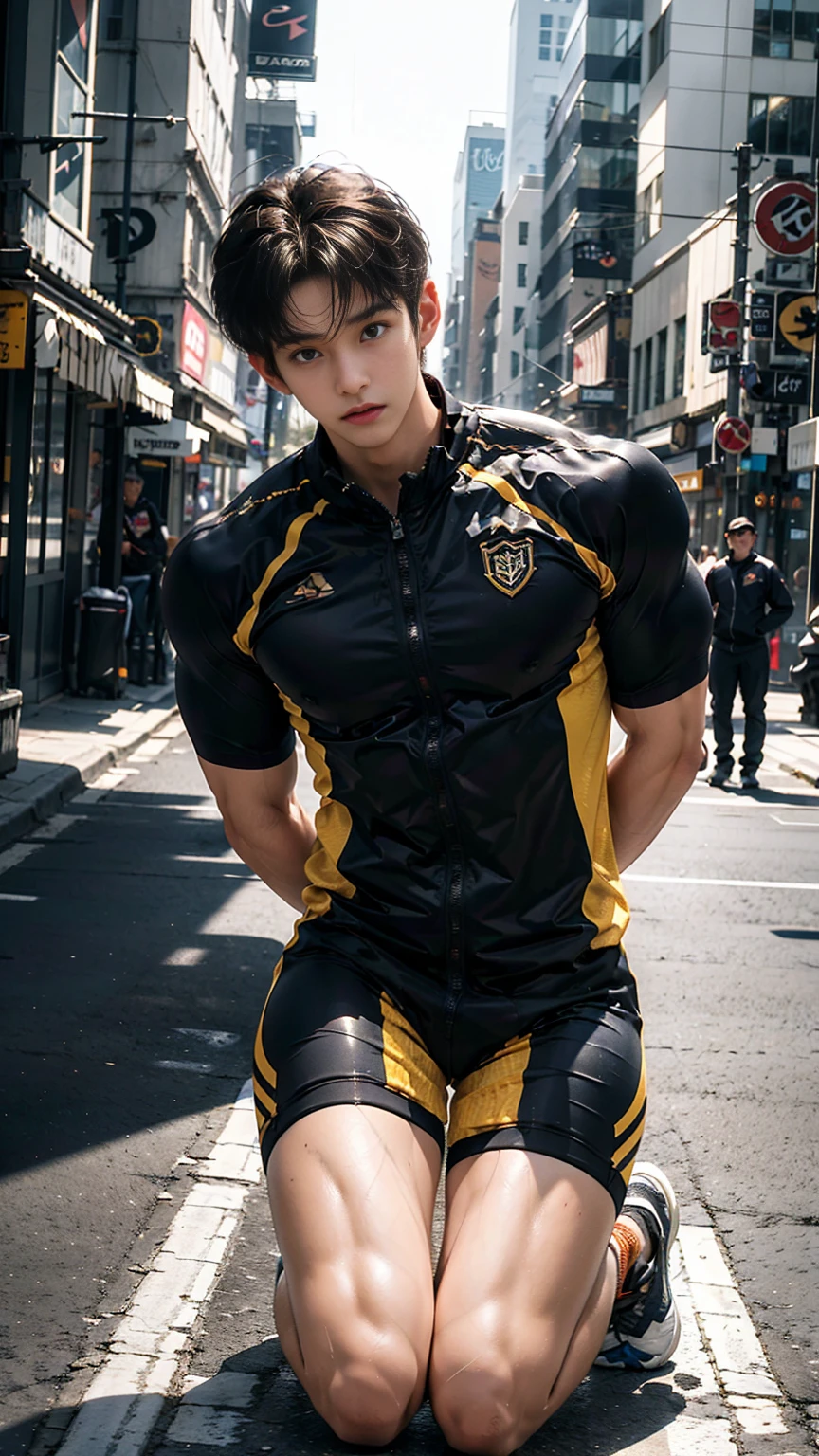 masterpiece,best quality, (A well-built 18-year-old tall boy:1.2), (Kneeling upright on the street:1.2),Orange tight cycling suit,male，(Broad shoulders),Muscular shoulders，（Extremely strong body），Fitness，Inverted triangle figure，Biceps，Highlight muscle texture，（Frontal upward perspective）， Muscular body，Small head，（Handsome and cute face），V-Shaped Face，Perfectly detailed facial features,sports shoes，Looking at the camera，An angry and serious expression，leaning back,head tilt, happy, very short hair, brown hair,(looking at viewer:1.2)，Wide-angle lens