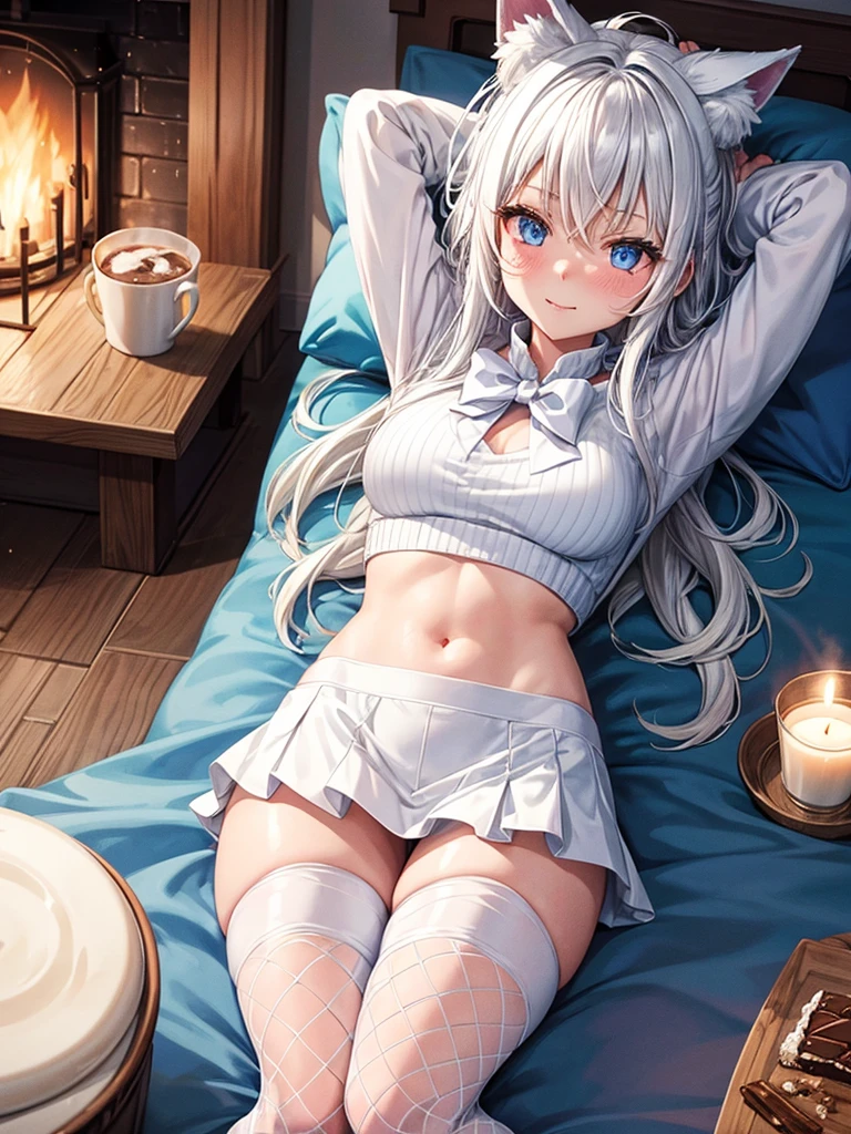 Anime, 1girl, backside view, white hair, blue eyes, glowing eyes, fishnet leggings, white winter sweater, mini-skirt, white underwear, slight smile, blush, cozy house, fireplace, white neck bow, white fox ears, black tight leggings, blue glowing, bedroom, back view, pillows, steaming hot cocoa, candy cane, lit candles, chocolate bar, lying down,