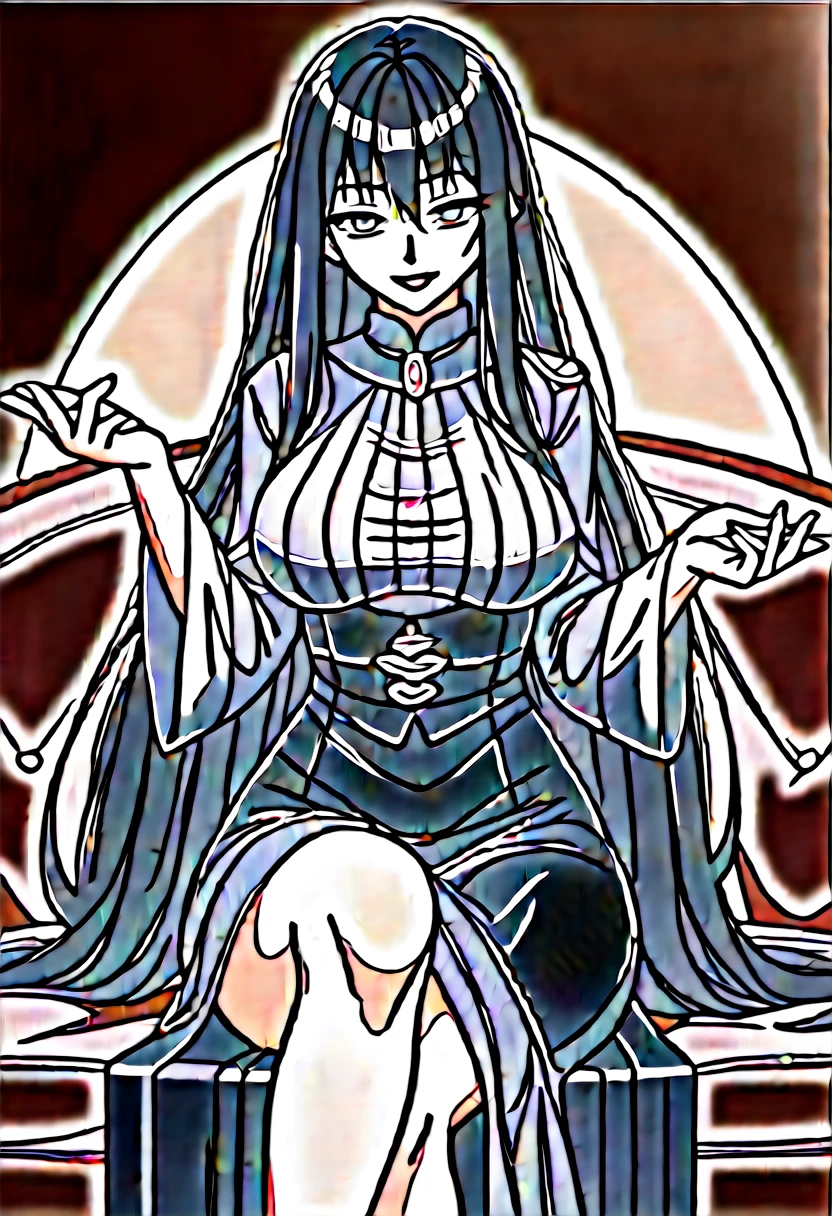 long dark black hair female, beautiful, hime, straight black hair, noble attire, purple clothes, purple eyes, manhwa style, aristocrat, noble lady, laughing, cunning, 18 years old, elegant, adult woman, mature face, lipstick, make up, thick eyelashes, sitting on long velvet sofa, sexual harassment, man behind sifa, man hand on shoulder, woman looking back

