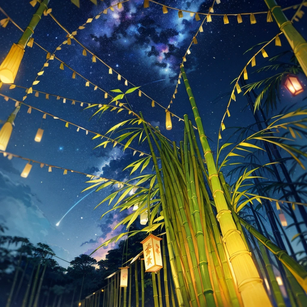 A lively Tanabata night with bamboo branches festooned with colorful decorations and paper wishes. The night sky is alive with a river of stars, the Milky Way stretching across it in a brilliant display. The stars twinkle like diamonds, and the bamboo leaves rustle softly. Lanterns cast a warm glow, enhancing the festive atmosphere.
