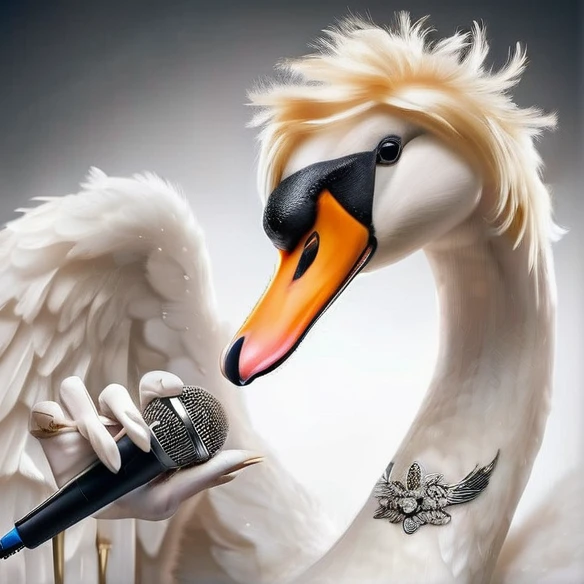 Imagine a white swan with blonde hair red lipstick in the shape of an animal in a luxurious room holding a microphone being the biggest diva in the world