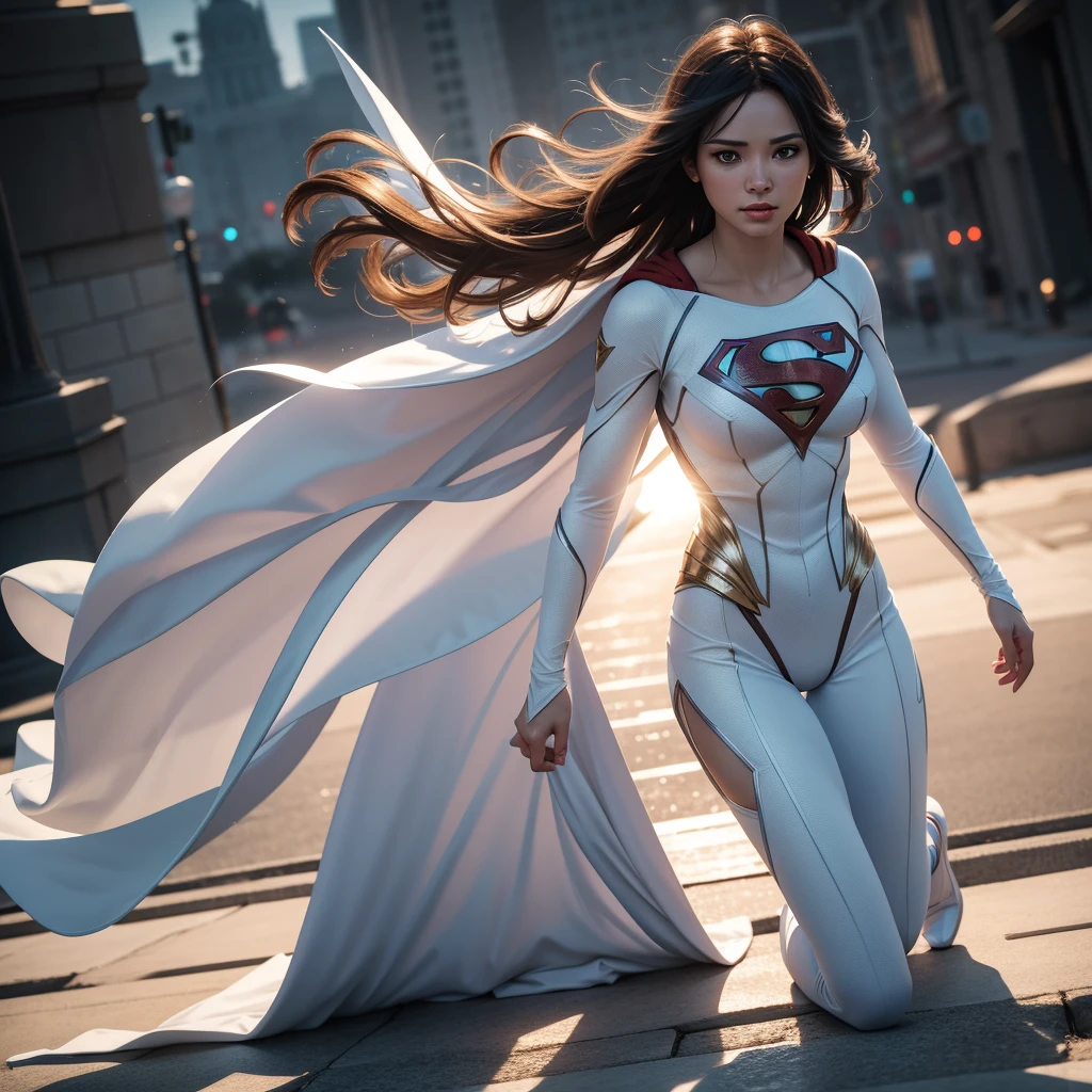 Superman (woman, White costume) от DC Comics, CGI with clear focus, Photorealistic, high detail, Realistic, Masterpiece, absurdress, Best Quality, HDR, hiquality, hight resolution, Extremely detailed, 8k wallpaper, intricate details, 8K UHD, Full-HD, (foto realista:1.2), Contrast, sharp lighting, Cinematic lighting, natural lighting, hard light, Backlighting, Global Illumination, Environment Occlusion