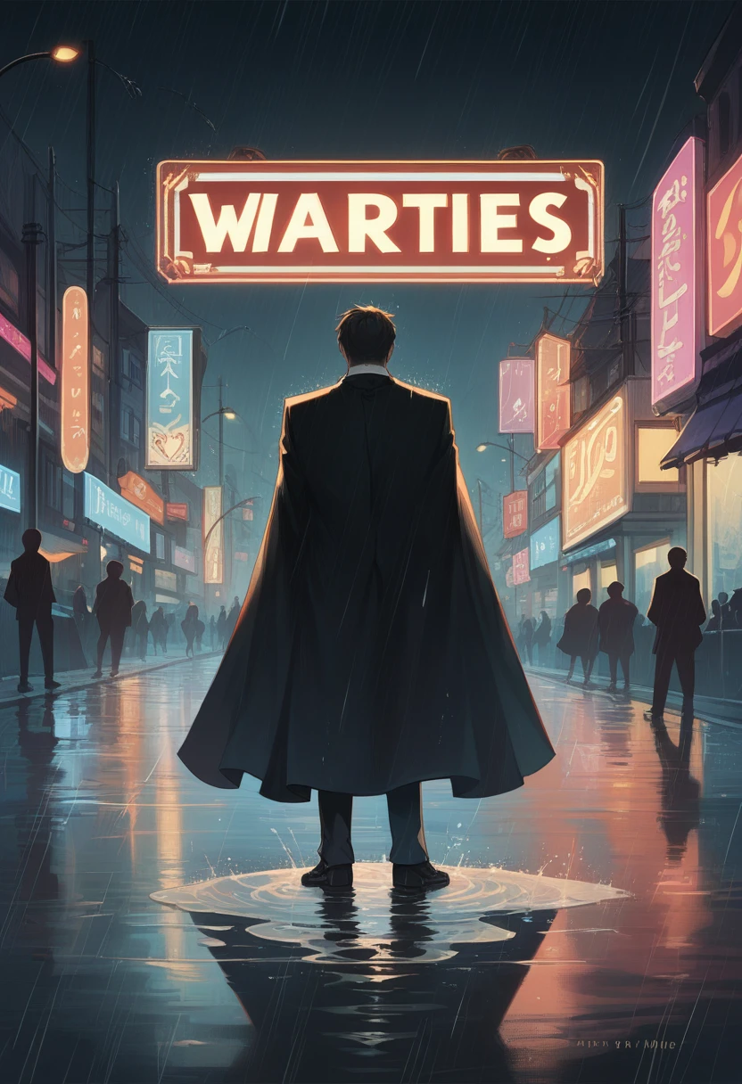 cover page, highres, top quality, best quality, paid reward available, unparalleled masterpiece, perfect artwork, absurdres, High-quality illustrations, super high resolution, detailed background, Lizard wearing a tuxedo wet in the rain, in the city, a night view with neon signs shining, silhouette reflected in a puddle, cinematic lighting,