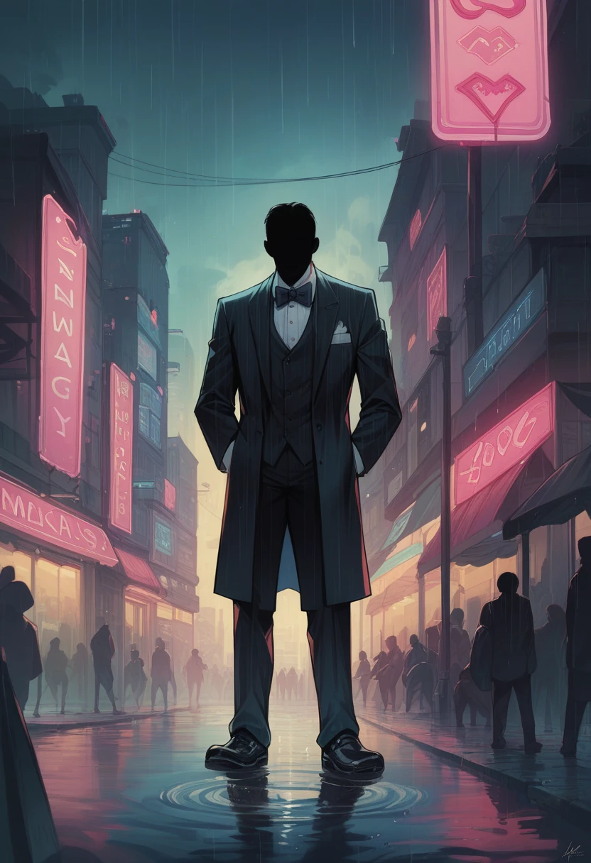 cover page, highres, top quality, best quality, paid reward available, unparalleled masterpiece, perfect artwork, absurdres, High-quality illustrations, super high resolution, detailed background, Lizard wearing a tuxedo wet in the rain, in the city, a night view with neon signs shining, silhouette reflected in a puddle, cinematic lighting,