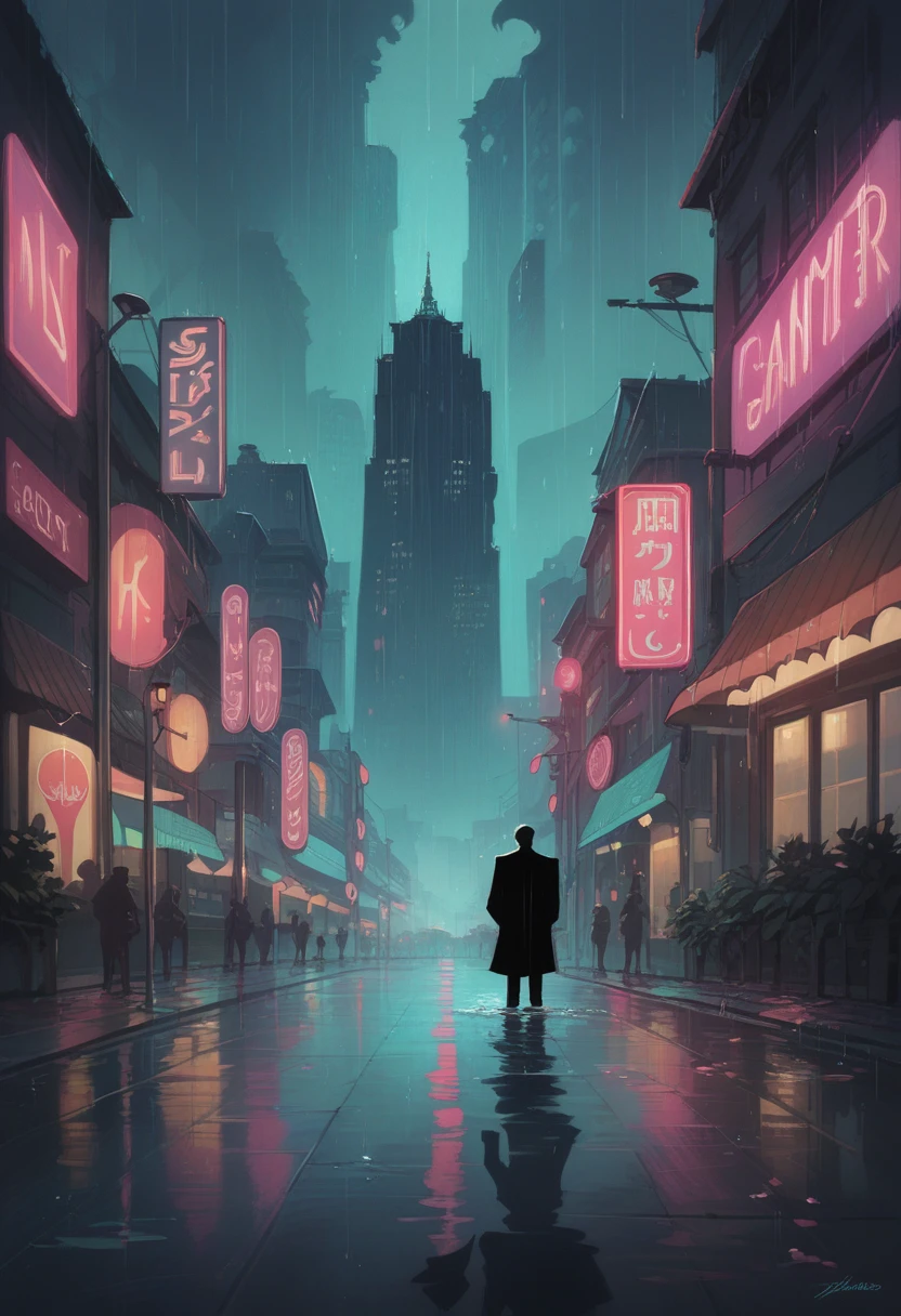 cover page, highres, top quality, best quality, paid reward available, unparalleled masterpiece, perfect artwork, absurdres, High-quality illustrations, super high resolution, detailed background, Lizard wearing a tuxedo wet in the rain, in the city, a night view with neon signs shining, silhouette reflected in a puddle, cinematic lighting,