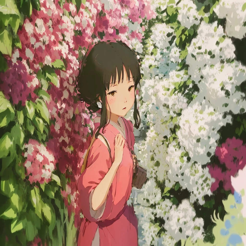 a woman in a pink ogino costume standing in front of a bush of flowers, ghibli spirited away vibe, spirited away, studio ghibli aesthetic, from the studio ghibli film, studio ghibli filter, in the studio ghibli anime film, studio ghibli sunlight, official studio ghibli still, style in ghibli anime, studio ghibli artstyle, by Miyazaki