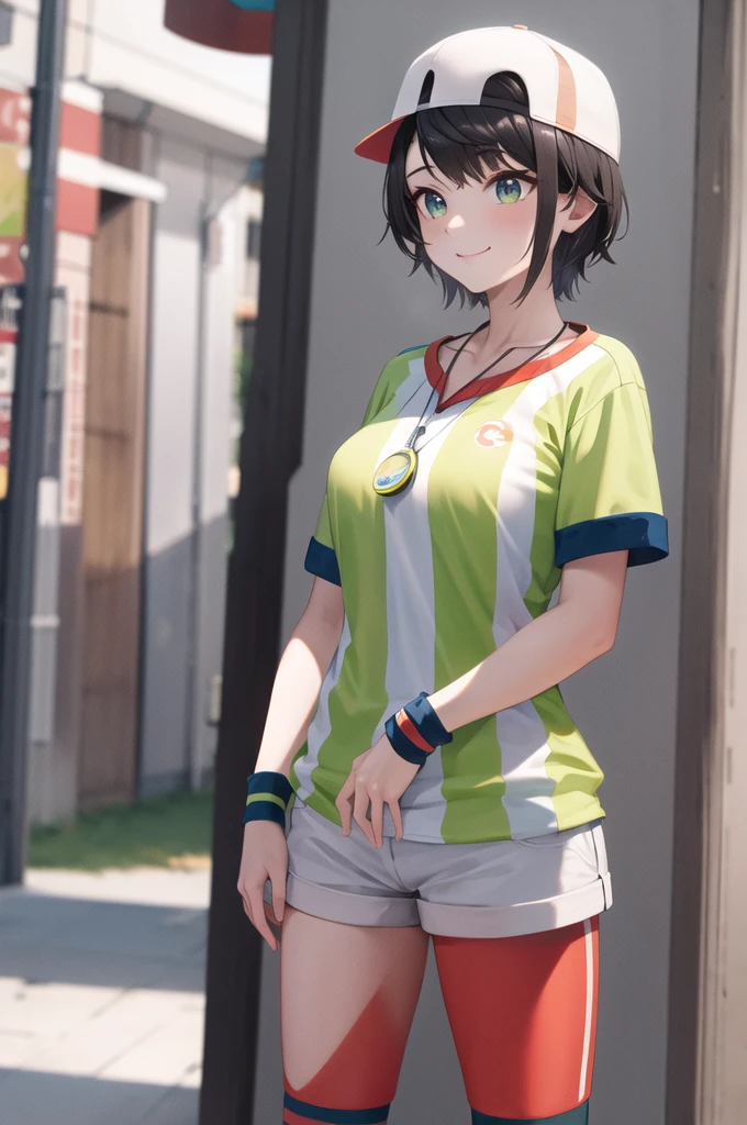 masterpiece, Highest quality, High resolution, Asbar, short hair, cap, Rear-facing hat, chest, clavicle, clock, Whistle around the neck, vertical-striped shirt, tie shirt, Short sleeve, Wristband, White shorts, Are standing, Cowboy Shot, smile, Outdoor、Baseball cap, whistle, Red legwear, White legwear, Mismatched legwear,whole body, alone