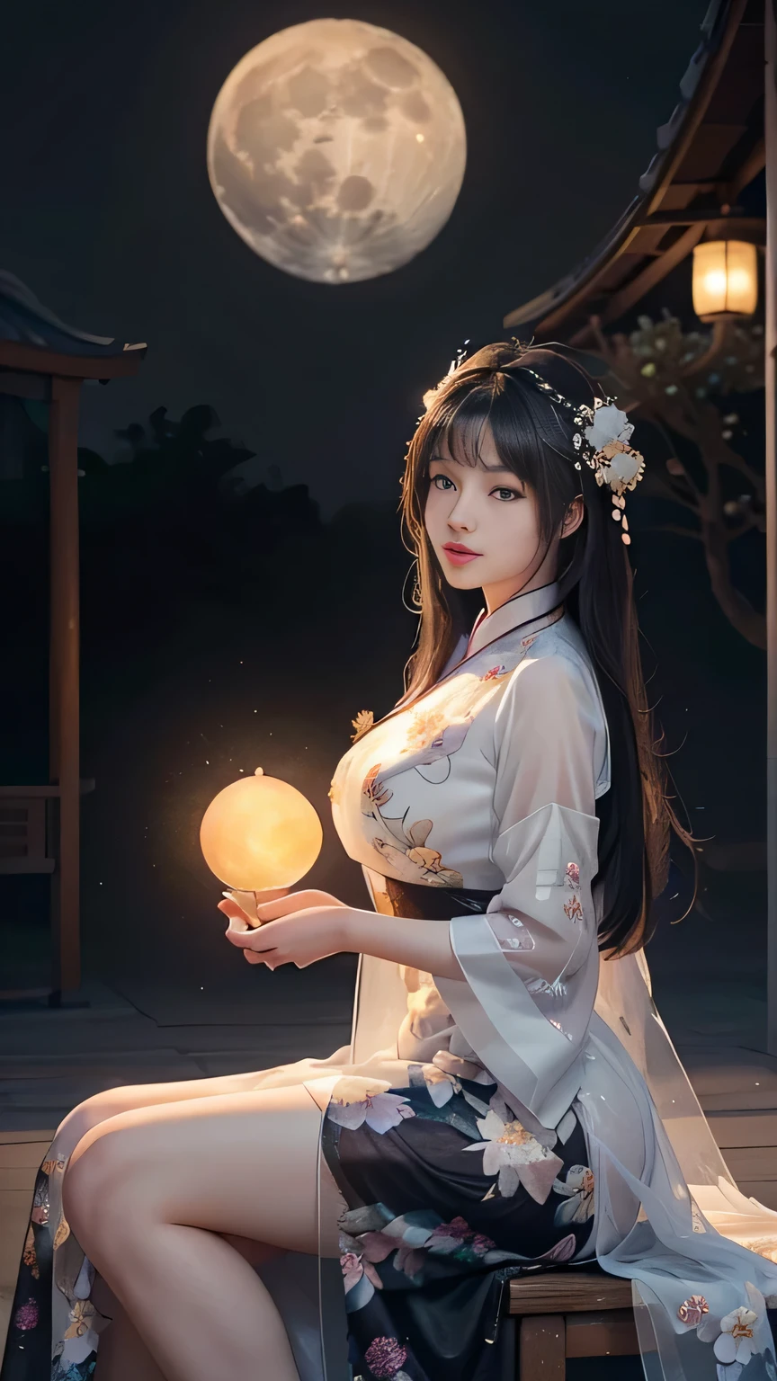 Chang'e，(((Hanfu)))，(((period costume)))，(((White gauze dress)))，(((Huge Moon)))，Rabbit ears，Skysky，Sit Pose，Top CG，Highest image quality，tmasterpiece，Delicate and delicate beautiful girl，(Tall and tall)，Royal Sister，Queen temperament，with fair skin，(((long leges)))，Perfect facial features，Bright eyes，Enchanting pose，Red lips，Beautiful and cold，(Big breasts),Beautiful and handsome，Long black silky hair，glittery，Skin is visible through see-through，(((Floral dress)))，8K quality，(Realistic portraits)，Characters fill the frame，((Face lighting)),