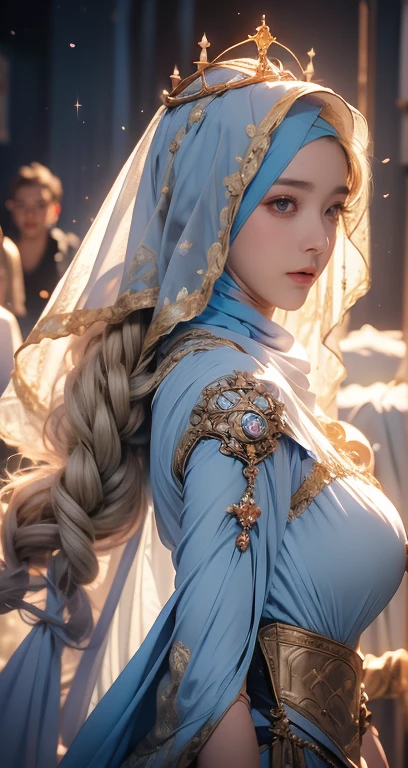 Erect nipples, wearing a hijab , luxury hijab,crown luxury , blue eye, blond hair, around , (gold ), tmasterpiece,Best quality at best,A high resolution,8K,((Portrait)),(upper body),Original photo,real photograph,digital photography,(Female princess in the medieval fantasy style), sexy princess ,blue eye, super colossal breast, round colossal breast ,open kissing lips,Keep your mouth shuegant and charming,((Blushing)),virgin contempt,Calm and handsome,(Medieval fantasy dress,The Beautiful super huge round breast, small waist, perfect colossal breast of princess body, a blue delicate pattern,silver Cloak),(princes medieval character medieval fantasy style,oc render reflection texture, fighting style, sexy colossal breast , medieval castle background, slim body, very small waist,
