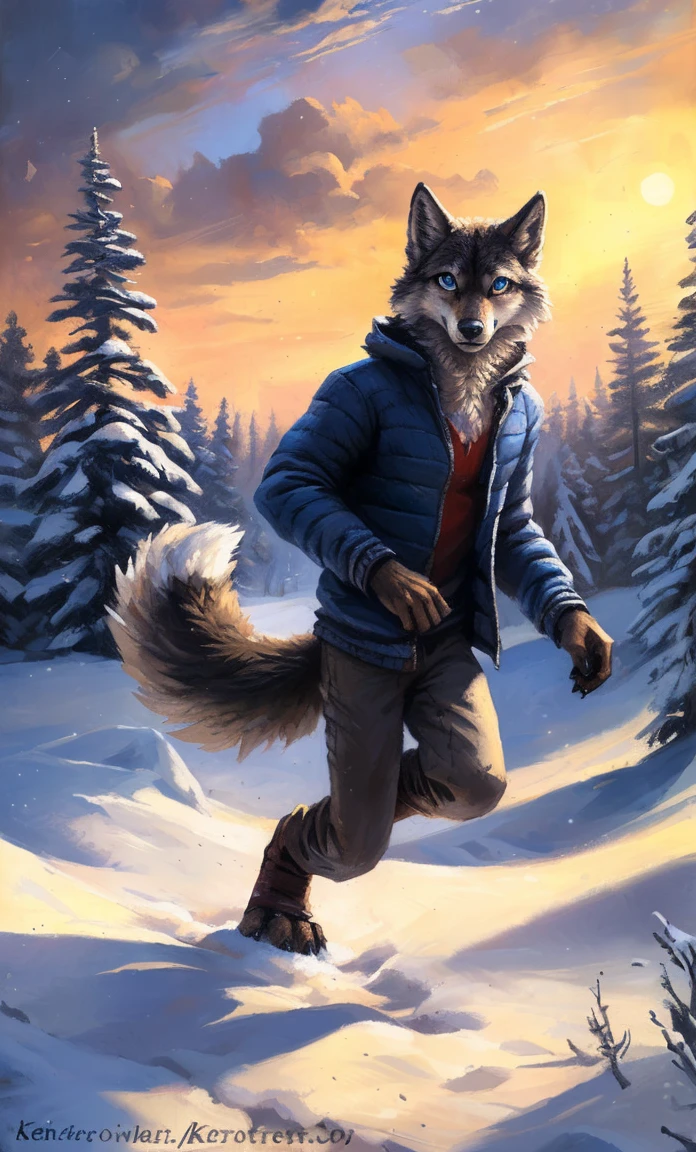 ((Solo)), male people, anthro wolf, (Multi-colored fur, White-brown:1.3,White tail pointed), (Height 2.1m,Tail length 1.2m), ((Wolf face, Big eyes, White eyelids, Blue pupil, Slim:1.2) (Tough, Calm expression:1.2)), Slim, pinging)), (Correct anatomy), (Winter clothing:1.1), The upper body naked, (detailed outfits),A long big tail,Feet,(Realistic fur, Detailed fur texture, labeled:1.3)), (Natural lighting), Photorealistic, Hyperrealistic, ultradetailed, by Kenket,Snowfield,erect through,Running on