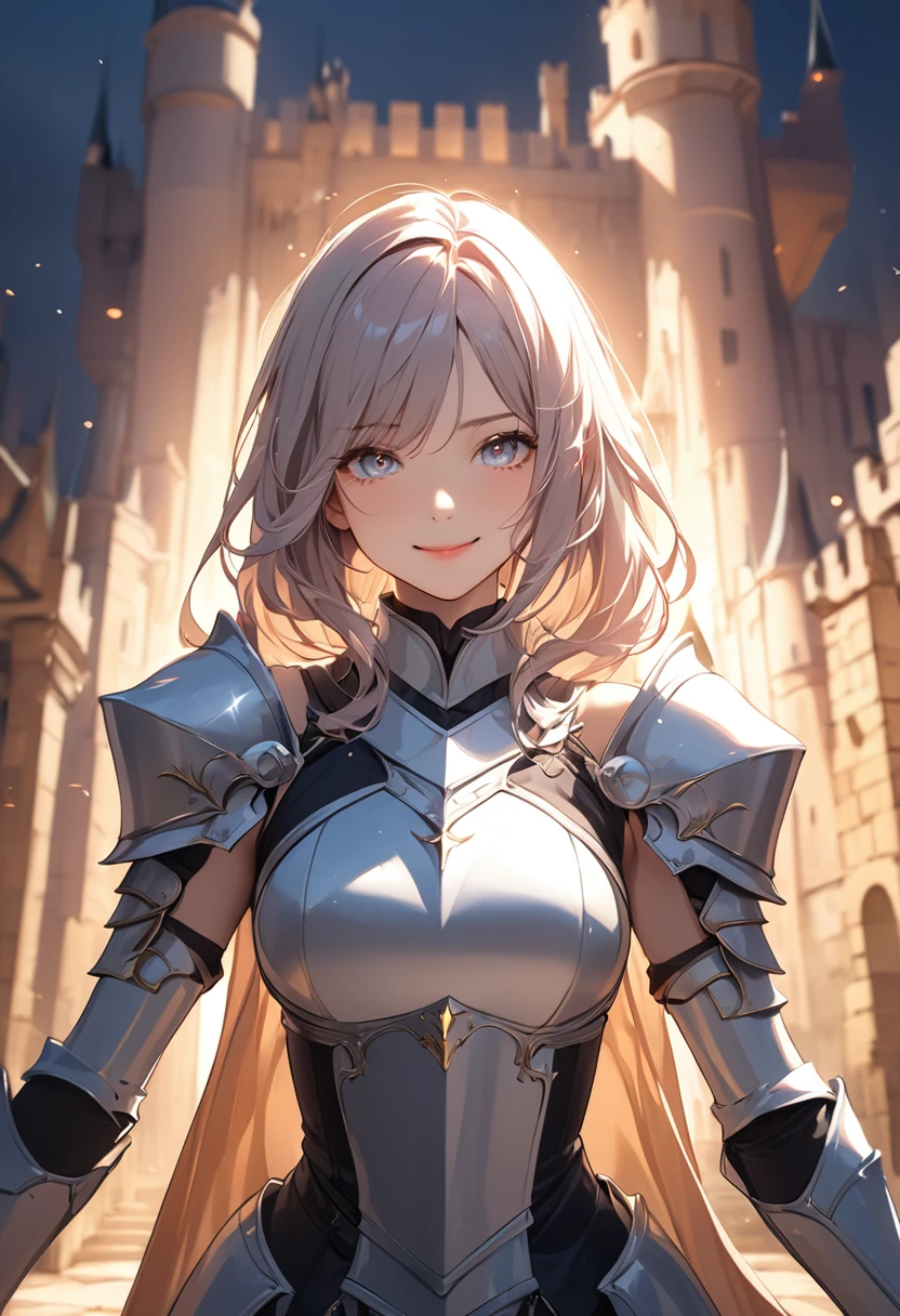 (masterpiece:1.5),(Beat quality),(high res),1girl solo,beautiful face,smile(shining eyes),upper body,light effects,knight woman,In front of the castle