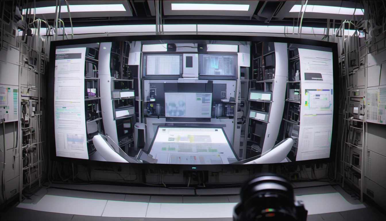 Wall close-up photography, Take a photo straight-on facing the wall. The clinic of the future features giant monitors displaying medical and chemical data.。Bright spot with white walls, Scientific research, The camera is parallel