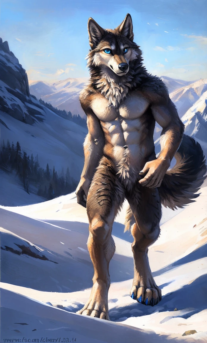 ((Solo)), male people, anthro wolf, (Multi-colored fur, White-brown:1.3,White tail pointed), (Height 2.1m,Tail length 1.5m), ((Wolf face, Big eyes, White eyelids, Blue pupil, Slim:1.2) (Tough, Calm expression:1.2)), Abs, Slim, pinging)), (Correct anatomy), Naked all over the body,A long big tail,Feet,(Realistic fur, Detailed fur texture, labeled:1.3)), (Natural lighting), Photorealistic, Hyperrealistic, ultradetailed, by Kenket,Snowfield,No artifacts, Running on