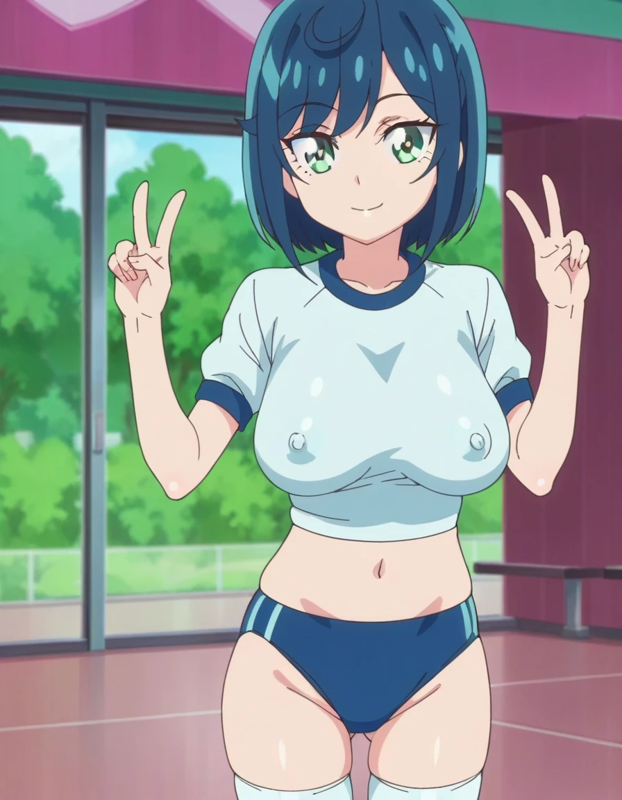 score_9, score_8_up, score_7_up, score_6_up, score_5_up, score_4_up, BREAK, source_anime, anime screencap, anime coloring, 1girl, solo, perfect anatomy, Fuwa Kokone, blue hair, medium hair, green eyes, lite smile, looking at viewer, navel, (skintight, very tight gym uniform, short sleeves, white shirt, shirt-in, under sized micro blue buruma, zettai ryouiki white thighhighs), sagging huge_breasts, erect nipples, thigh gap, indoor, double v, standing, (unshaven hairy natural public hair)