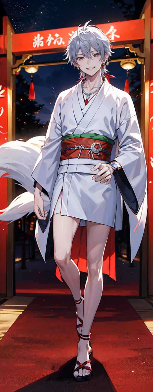 High resolution, High resolution,2D Anime Style,,Cool guy,Mature,,20th generation,Wolf Hair,Silver Hair,Red eyes,Beautiful Watches,Beautiful earrings,Beautiful Necklace,Beautiful kimono,He is laughing a little,night,Standing with your legs apart,festival