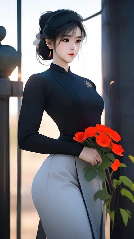 a beautiful girl in vintage colors aodai , masterpiece, best quality, realistic:1.3, street, holding bundle of flowers, red+black dress, sunlight, backlighting, artstation, intricate details, vignettThe owner of an attractive body outline and high hips3d 4k
