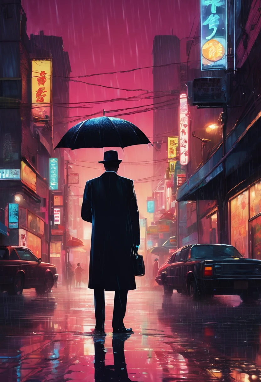 cover page, highres, top quality, best quality, paid reward available, unparalleled masterpiece, perfect artwork, absurdres, High-quality illustrations, super high resolution, detailed background, Lizard wearing a tuxedo wet in the rain, in the city, a night view with neon signs shining, silhouette reflected in a puddle, cinematic lighting,