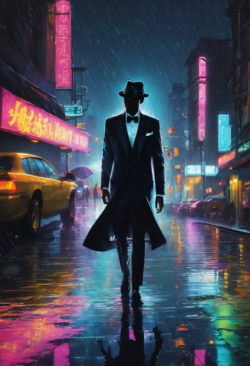 cover page, highres, top quality, best quality, paid reward available, unparalleled masterpiece, perfect artwork, absurdres, High-quality illustrations, super high resolution, detailed background, Lizard wearing a tuxedo wet in the rain, in the city, a night view with neon signs shining, silhouette reflected in a puddle, cinematic lighting,
