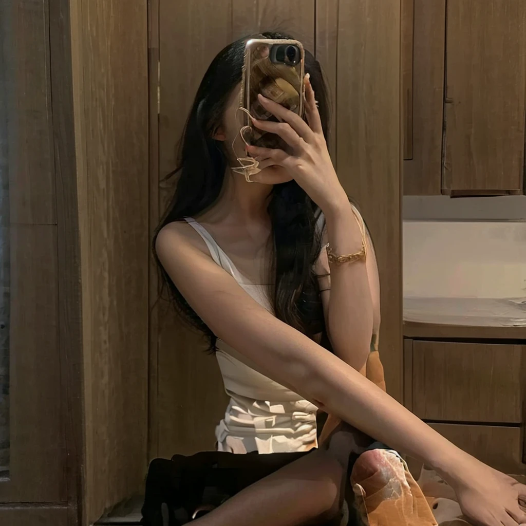 Selfie photos,Mobile phone mirror selfie,indoor,Inside the room,A beautiful beautiful Asian woman,Standing:1.2,Realistic fair skin color,156 cm,46KG,34C cupz Her mid-length hair is loose and lazy around her shoulders,Wearing a close-fitting white low-cut short-sleeved top,(White short sleeve low cut top:1.2),black shorts:1.2,