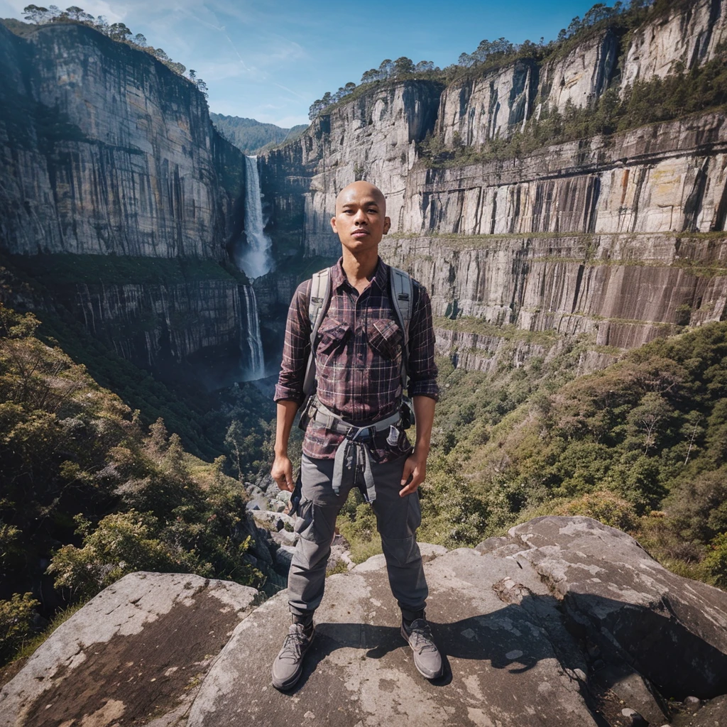 very clear and very detailed, long high distance view scene, high angle shots and fisheye efect. an indonesian young man, thin, bald headed, wear plaid shirt, gray tactical pants, montaint shoes, a backpack for climber, standing proudly at the highest peak. waterfall and the rock cliffs are high steep and seem very extreem, blue sky as background.