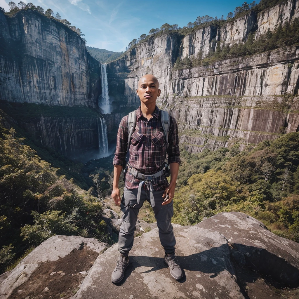 very clear and very detailed, long high distance view scene, high angle shots and fisheye efect. an indonesian young man, thin, bald headed, wear plaid shirt, gray tactical pants, montaint shoes, a backpack for climber, standing proudly at the highest peak. waterfall and the rock cliffs are high steep and seem very extreem, blue sky as background.