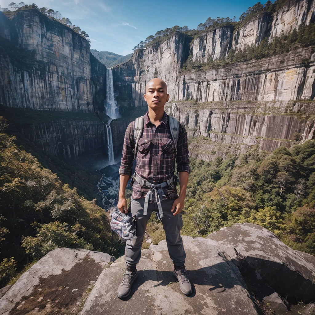 very clear and very detailed, long high distance view scene, high angle shots and fisheye efect. an indonesian young man, thin, bald headed, wear plaid shirt, gray tactical pants, montaint shoes, a backpack for climber, standing proudly at the highest peak. waterfall and the rock cliffs are high steep and seem very extreem, blue sky as background.