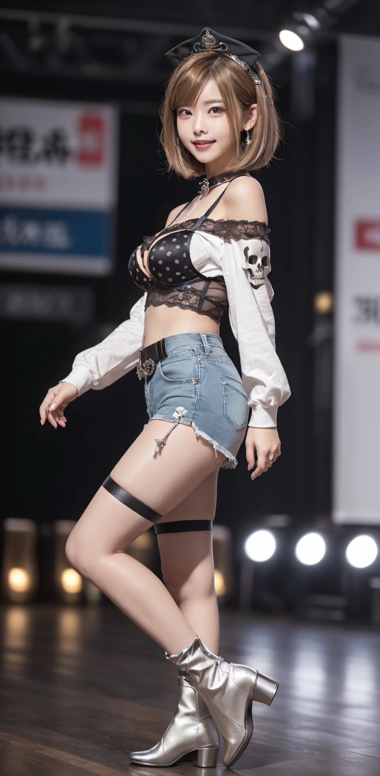(Full body image:1.3)、(Beautiful lips and nose:1.4)、(Side view:1.1)、(Smiling with teeth showing:1.3),(Fashion Model:1.5)、(Gothic Lolita battle uniform with delicate decoration:1.5)、(White off-shoulder hoodie:1.2)、(black, Silver and white shorts:1.4)、(denim garter belt:1.5)、(black and denim knee socks:1.3)、(Skull Silver Accessories:1.5)、(Lace Color:1.3)、(Brown Skin Belt:1.4)、(Brown boots:1.2)、(Polka dots on underwear:1.4)、23 years old、((Highest quality、In 8K、masterpiece:1.3))、Sharp focus:1.2、(Layered Cut、Huge boobs:1.3),Beautiful woman with perfect figure:1.4、(Dance vigorously:1.3)、Slim Abs:1.2、Highly detailed face and skin texture、Fine grain、double eyelid,(Bob Cut Hair:1.3)、(Brownish golden hair:1.3)、Idol Sculpture、(The background is a gorgeous dance hall.:1.3)、(The body is slim:1.2),(Slimming your legs:1.4),(clavicle:1.1)