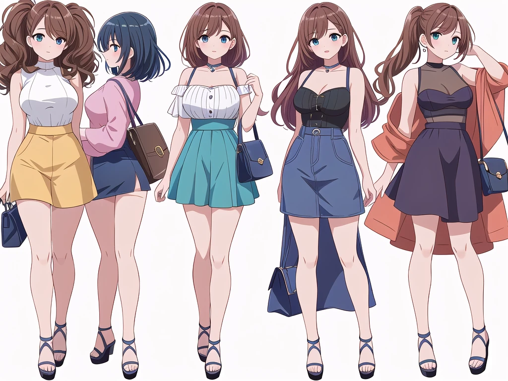 (((Best Quality))) , ((full body)), 4 lady, adult woman, multiple views, (((white background,))) variety of hairstyles, variety of fashion styles, seductive pose, fashionable and trendy atmosphere, holding bag, summer outfits, walk pose, dark blue/dark orange/dark green/dark violet/brown/white, short pants, bustier,
