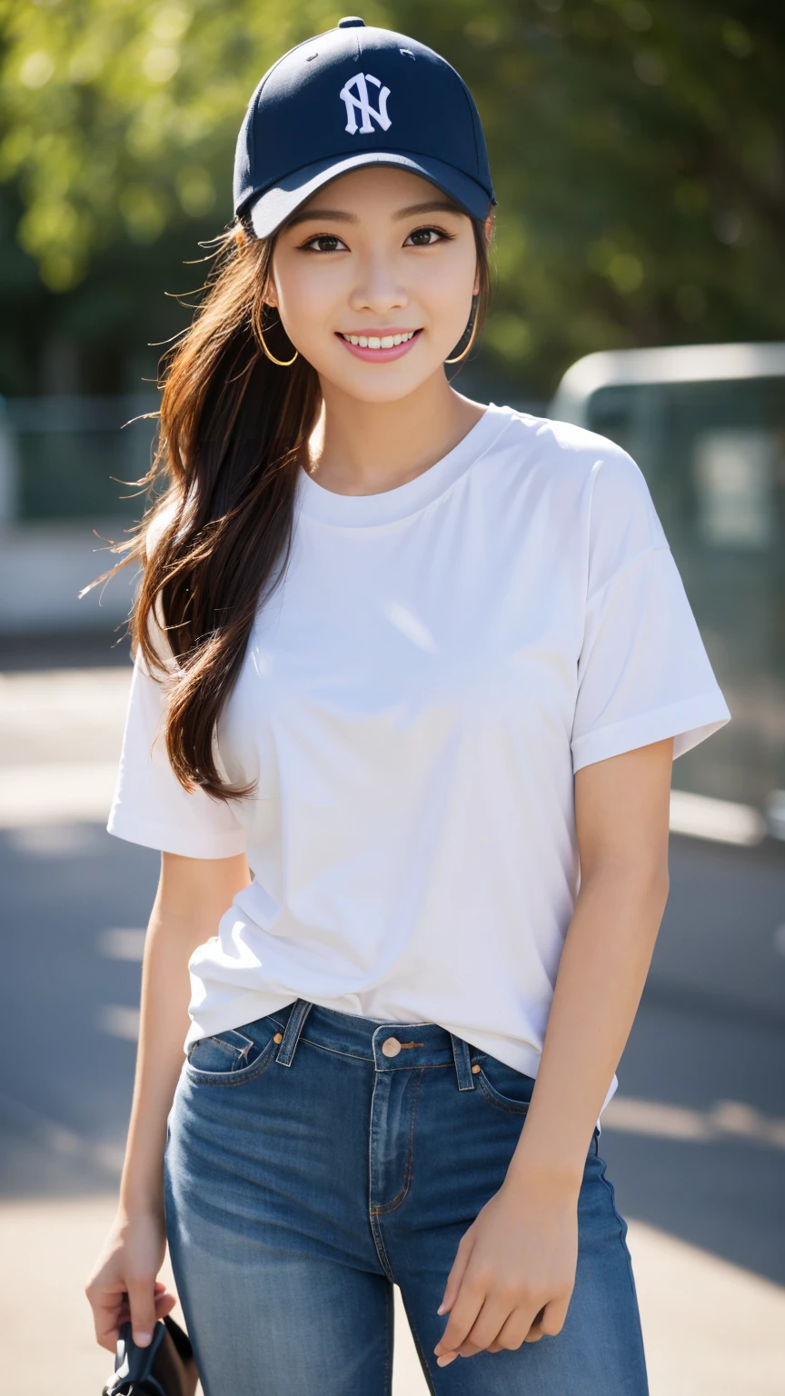 Highest quality, masterpiece, Ultra-high resolution, (Realistic:1.4),Beautiful woman,(Shortcuts),(Big Breasts) ,Beautiful Skin, Fine skin, 魅惑的なsmile, Background blur, smile, Baseball hats、T-Shirts、jeans、ponytail