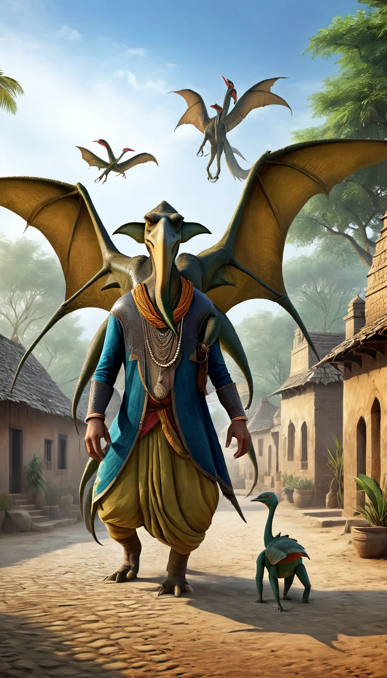 Create a photorealistic image set in an 1600s Indian village. A village man is walking Stegosaurus his pet, a large Pteranodon. The man should be dressed in traditional 1600s Indian attire, and the Stegosaurus should be depicted as a friendly companion.