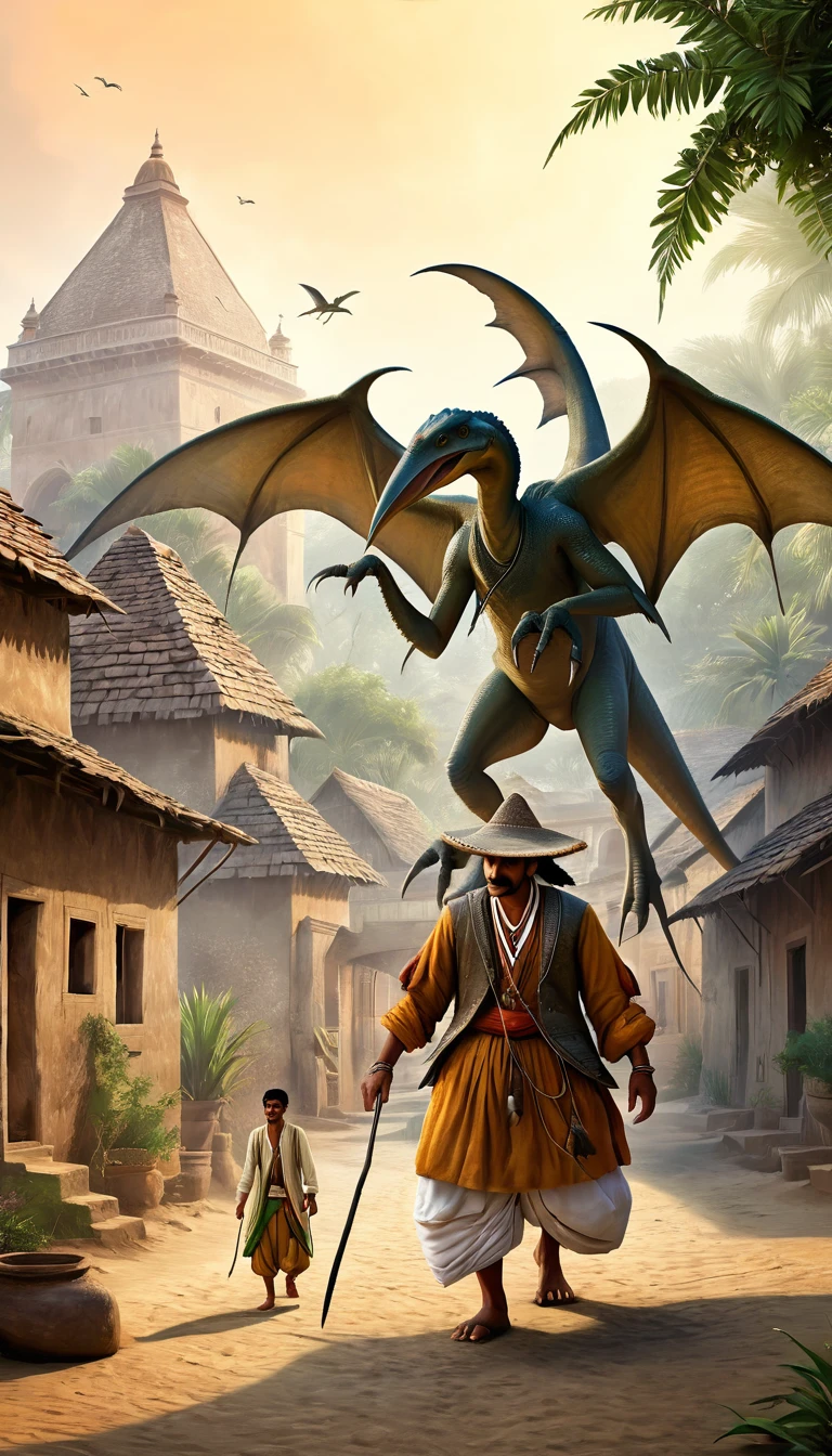 Create a photorealistic image set in an 1600s Indian village. A village man is walking Stegosaurus his pet, a large Pteranodon. The man should be dressed in traditional 1600s Indian attire, and the Stegosaurus should be depicted as a friendly companion.