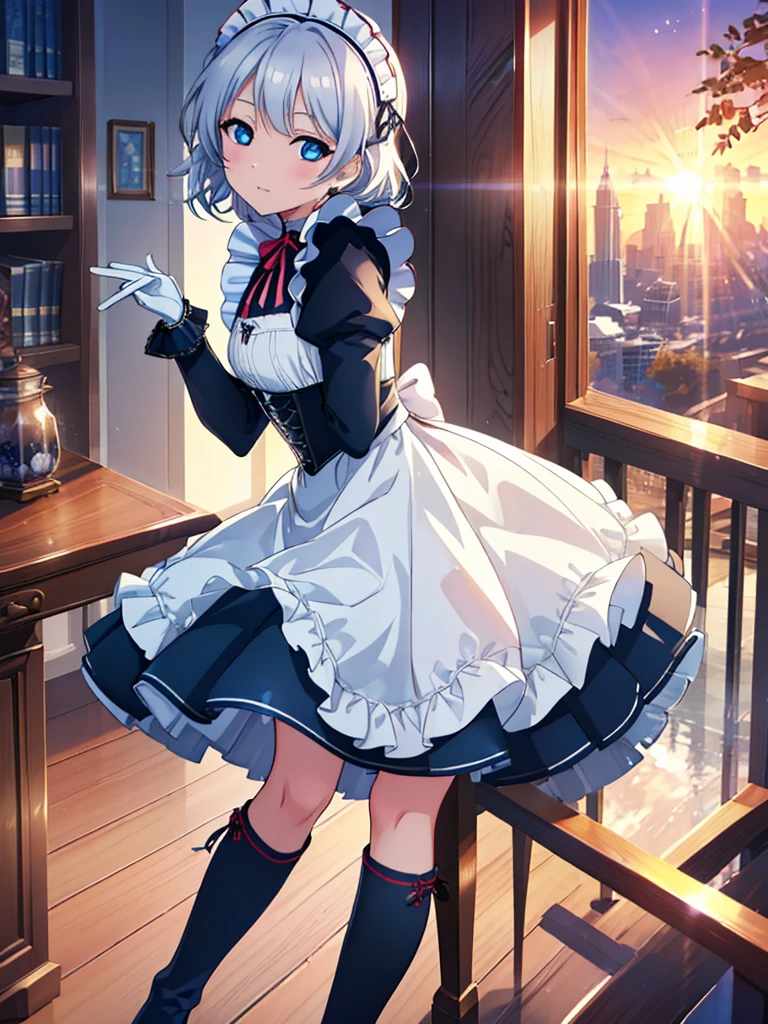 Illustration of one person, Dengeki Bunko, Woman Looking Back, Perfect Human Medicine, Woman keeps falling, {{{{{Maid clothes}}}}},Small Tits,anime, Two legs, Cool,{{{{{50 year old woman}}}}} ,{{{{{a person is depicted}}}}},(Official Art、{{{{{Upper Bodyアングル}}}}},Highest quality、Unity 8k wallpaper、32k、masterpiece、Ultra-detailed、Ultra-high resolution, Realistic、Grab your hair with your hands, Photorealistic:1.2)、(Cinema Lighting:1.2)、,Fire Glow Effect、The most grainy shadows on the film、Rim Light、Side light、Side Shot、(Ultra-detailedで複雑な3Dレンダリング)、Very short hair, Short wolf hair,細部までBeautiful Faceと目、Sharp pupils、Realistic生徒、Slender、white maid hat, Highly detailed background、Beautiful Face、Beautiful 16 year old girl、(Ultra-detailedなスキン、Detailed skin texture:1.Silver Hair:1.3)、Blunt bangs、blue eyes、{{{{{黒いMaid clothes}}}}}、White apron costume、Black knee socks、(Thighs Thighs Thighs Thighs:0.8)、Black Bhutanese sticks and a beautiful sunset、Medieval castle、Dancing on the Tower Roof、(avert your eyes、Overlooking the city:1.3)、Fantastic、Close your mouth and bite, Makes your face smaller, (Tabletop), Highest quality, Perfect Face, 1 Girl, alone, Eye color is light blue, Hair between the eyes, Very Short Hair, blue eyes, Silver Hair, Knee-high boots, corset,Black gloves, Long sleeve, Upper Body,