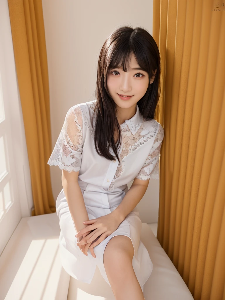 (Highest quality:1.9)、(High resolution)、Live-action image quality、((19 year old female university student、1 person))、Soft lighting by a professional photographer、Natural light、((Very spacious white luxurious room:1.6))、((Bright white room:1.6))、(Standing in front of a very luxurious white bed:1.2)、(White bookshelf background:1.1)、Natural soft light、((Black Hair Color:1.1))、Fair skin、Detailed Eyes、double eyelid、Slightly puffy cheeks、((Small Face:1.0))、((White lace short sleeve shirt、Please wear it with the chest open.:1.7))、((White checked skirt:1.2))、(Cute Smile)、((Girly pose 1.8))、((Straight medium-long hair:1.1))、((Full Body Shot:1.2))、((Height: 145cm))、Hands in front、Hold hands between legs、bangs、