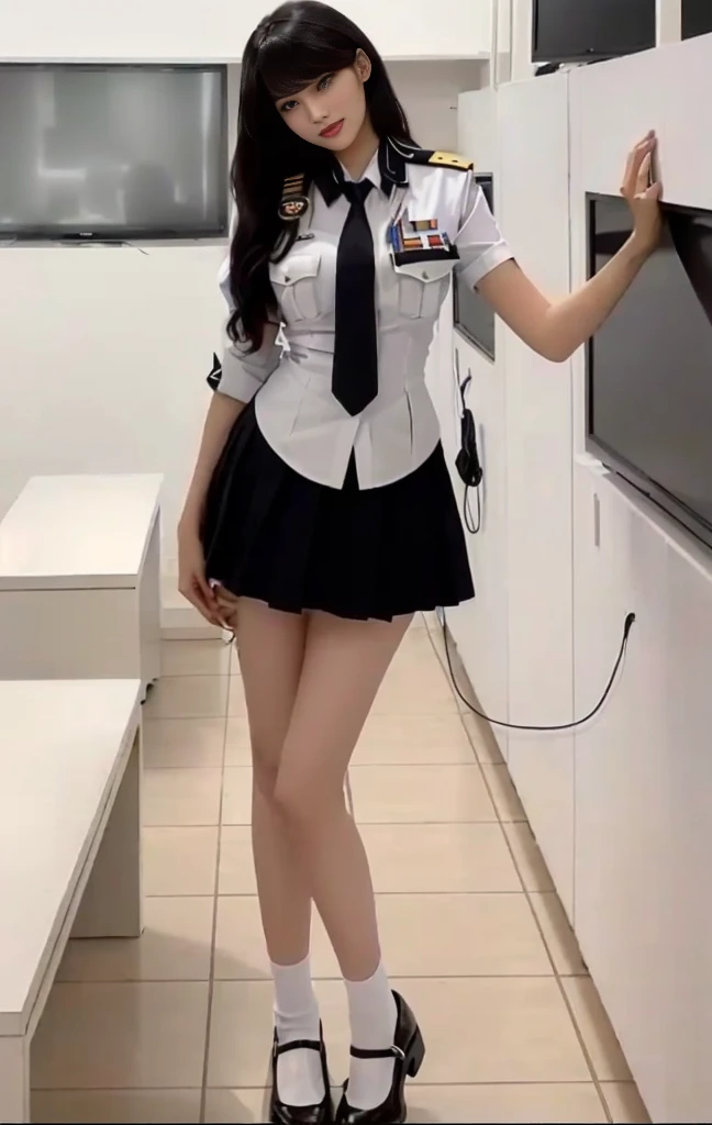 Beauty,Sexy,Clothes unchanged,araffe in a uniform and tie standing in front of the TV, JK Uniform, Wearing the principal's uniform, a Surrealism schoolgirl, Girl in uniform, Sakimichan, (SFW) Work, Full body fairy, Wearing black, Popular content on cgstation, Surrealism , Interesting costumes, 8K))