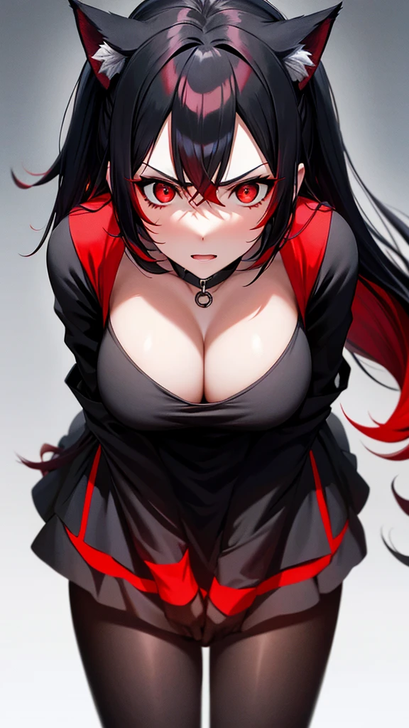 An adult woman, half wolf, black and red hair, black ears, red eyes, wearing a black and blue dress, very angry, wide breasts