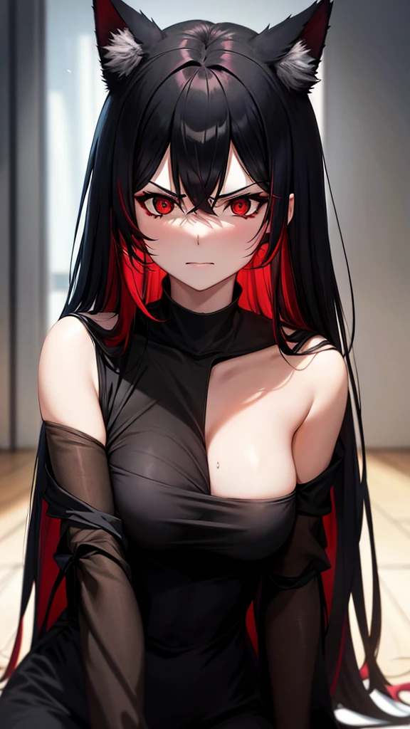 An adult woman, half wolf, black and red hair, black ears, red eyes, wearing a black and blue dress, very angry, wide breasts